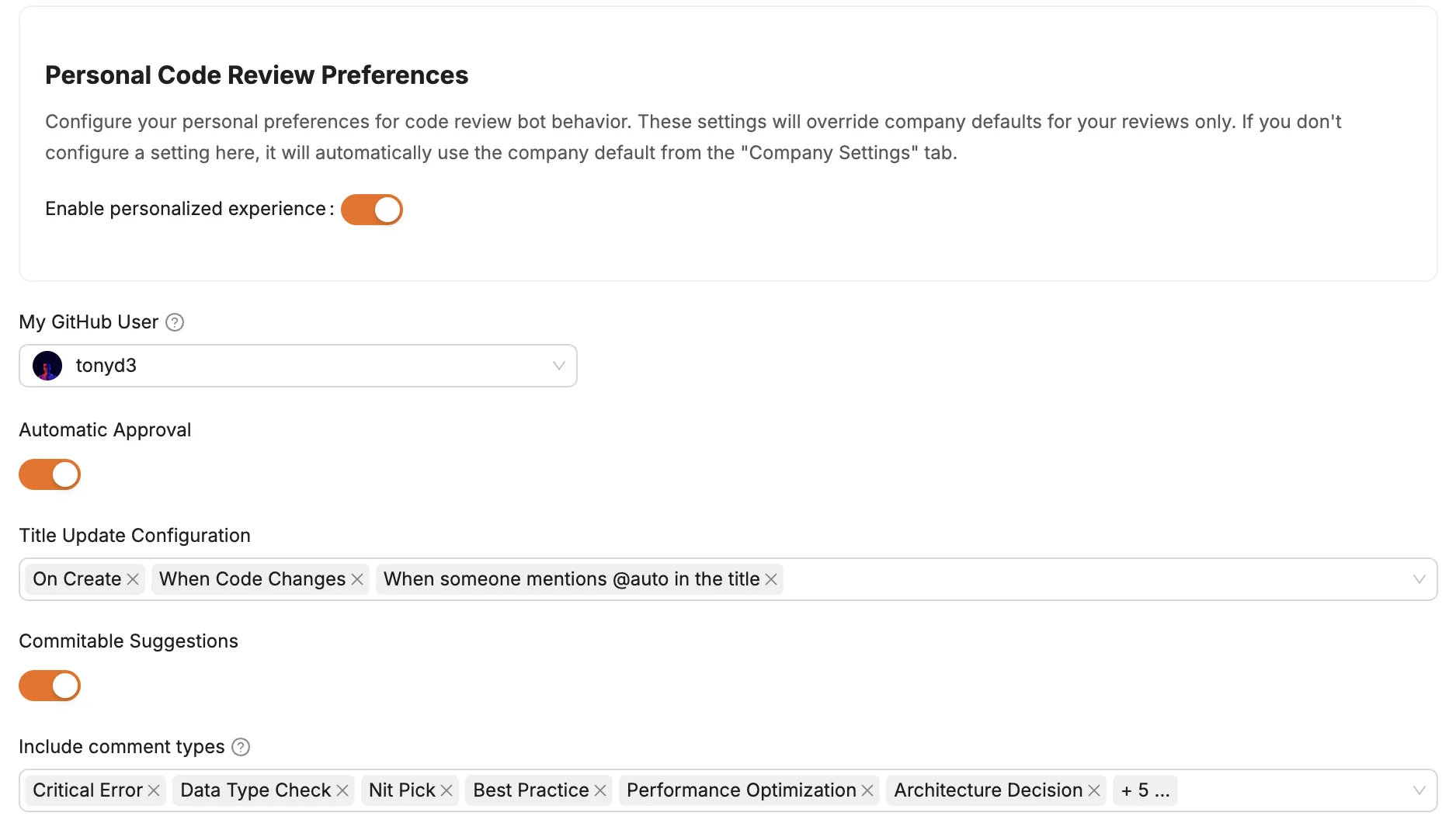 Personal Settings in Code Review Workflow