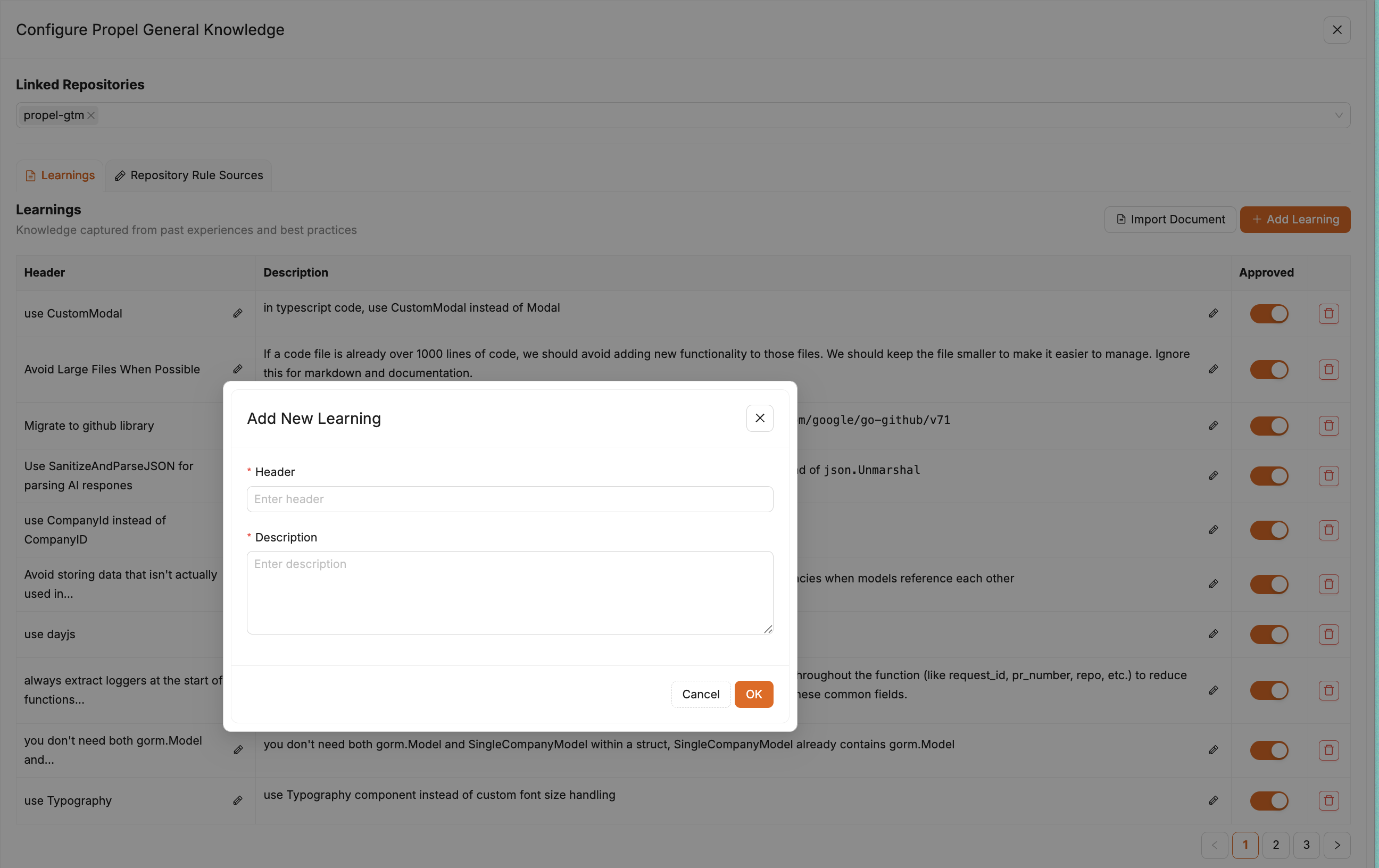 Screenshot: adding a rule to the Propel knowledge base.