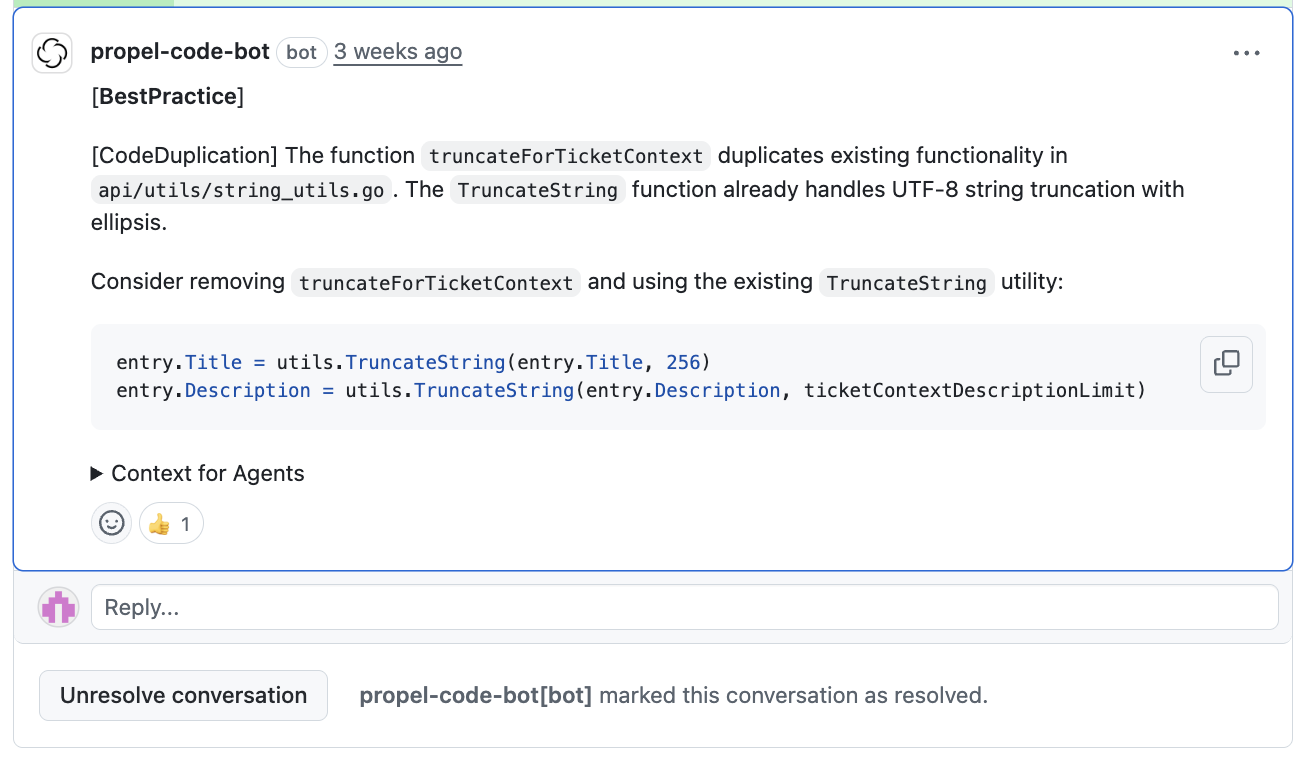 Screenshot of a Propel review comment with GitHub reactions.